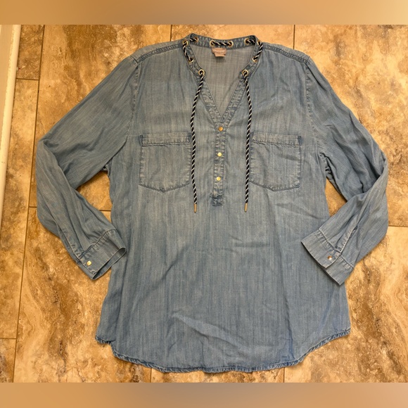NWOT Chico's Chambray Nautical Denim Chambray Long Sleeve V-Neck Top Women’s XL - Picture 7 of 10